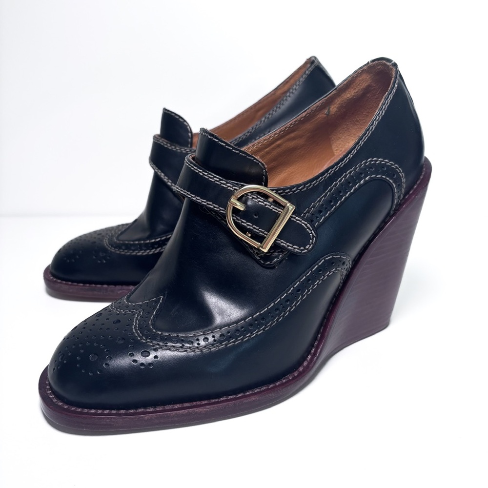 See by Chloe Black Leather Wedge Heel Brogue Oxford Loafer Shoes Size 36.5